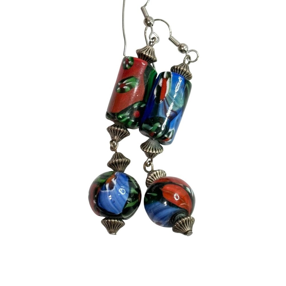 Vintage Colorful Murano Glass Beaded Drop Earrings With Silver Accents 2 1/2"